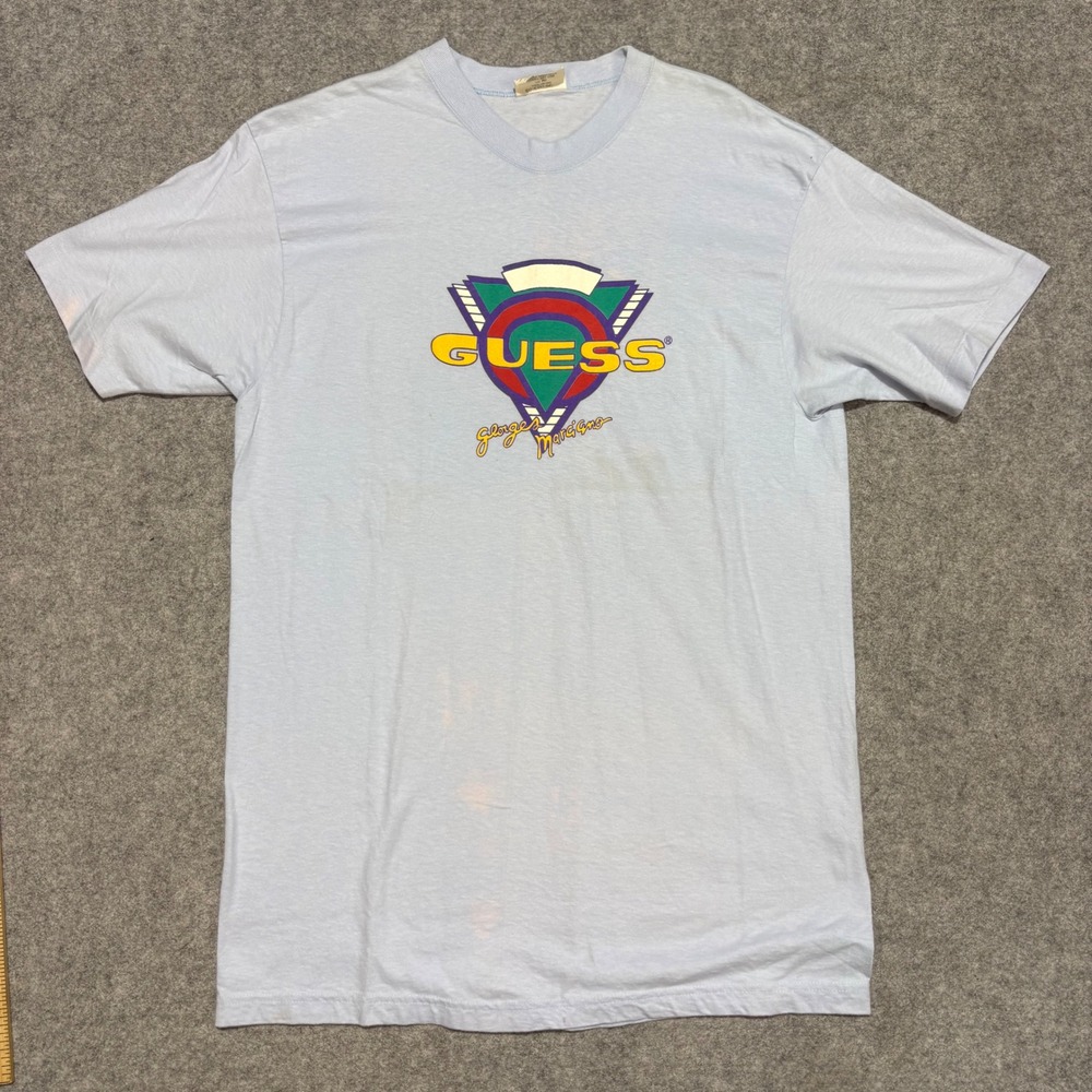 Vintage Guess Georges Marciano T Shirt Light Blue Single Stitch Graphic USA OSFA